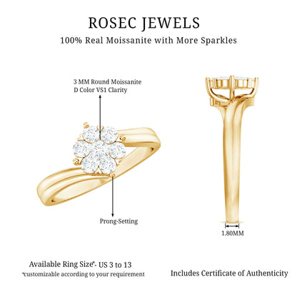 Round Moissanite Flower Proposal Ring in Bypass Shank
