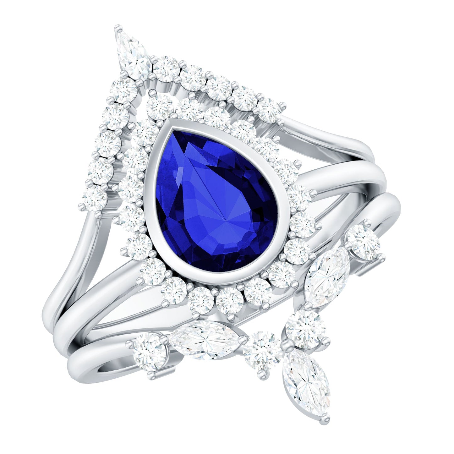 Vintage Looking 1.6 Carat Lab Grown Blue Sapphire 3 Piece Bridal Ring Set with Moissanite