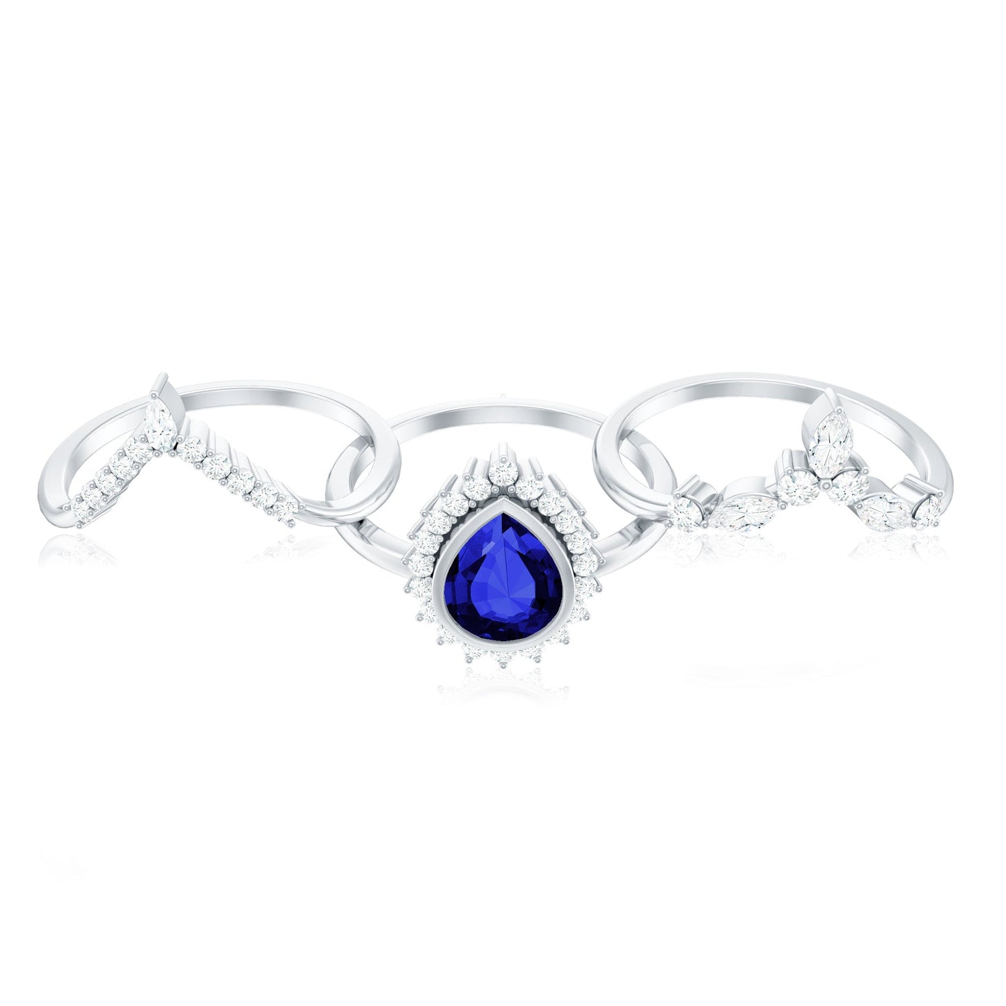 Vintage Looking 1.6 Carat Lab Grown Blue Sapphire 3 Piece Bridal Ring Set with Moissanite