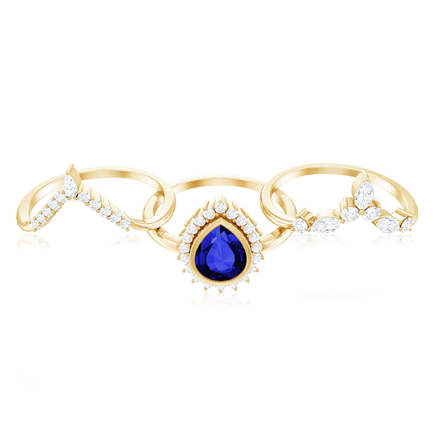 Vintage Looking 1.6 Carat Lab Grown Blue Sapphire 3 Piece Bridal Ring Set with Moissanite