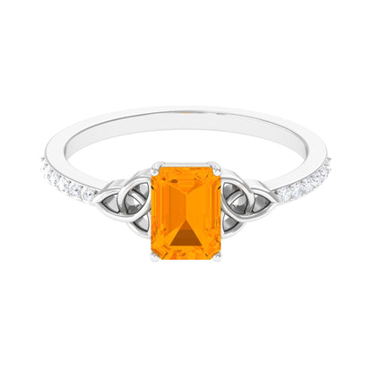 Emerald Cut Solitaire Fire Opal Celtic Knot Engagement Ring with Diamond