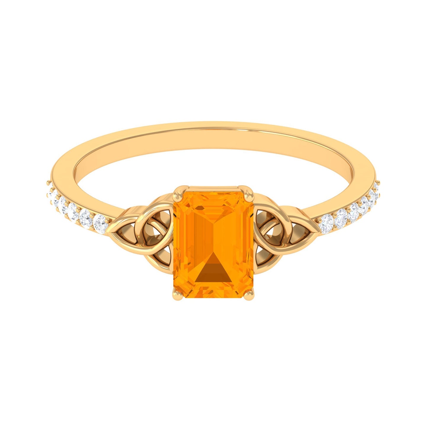 Emerald Cut Solitaire Fire Opal Celtic Knot Engagement Ring with Diamond
