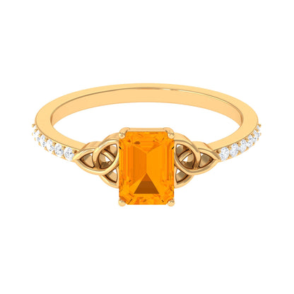 Emerald Cut Solitaire Fire Opal Celtic Knot Engagement Ring with Diamond