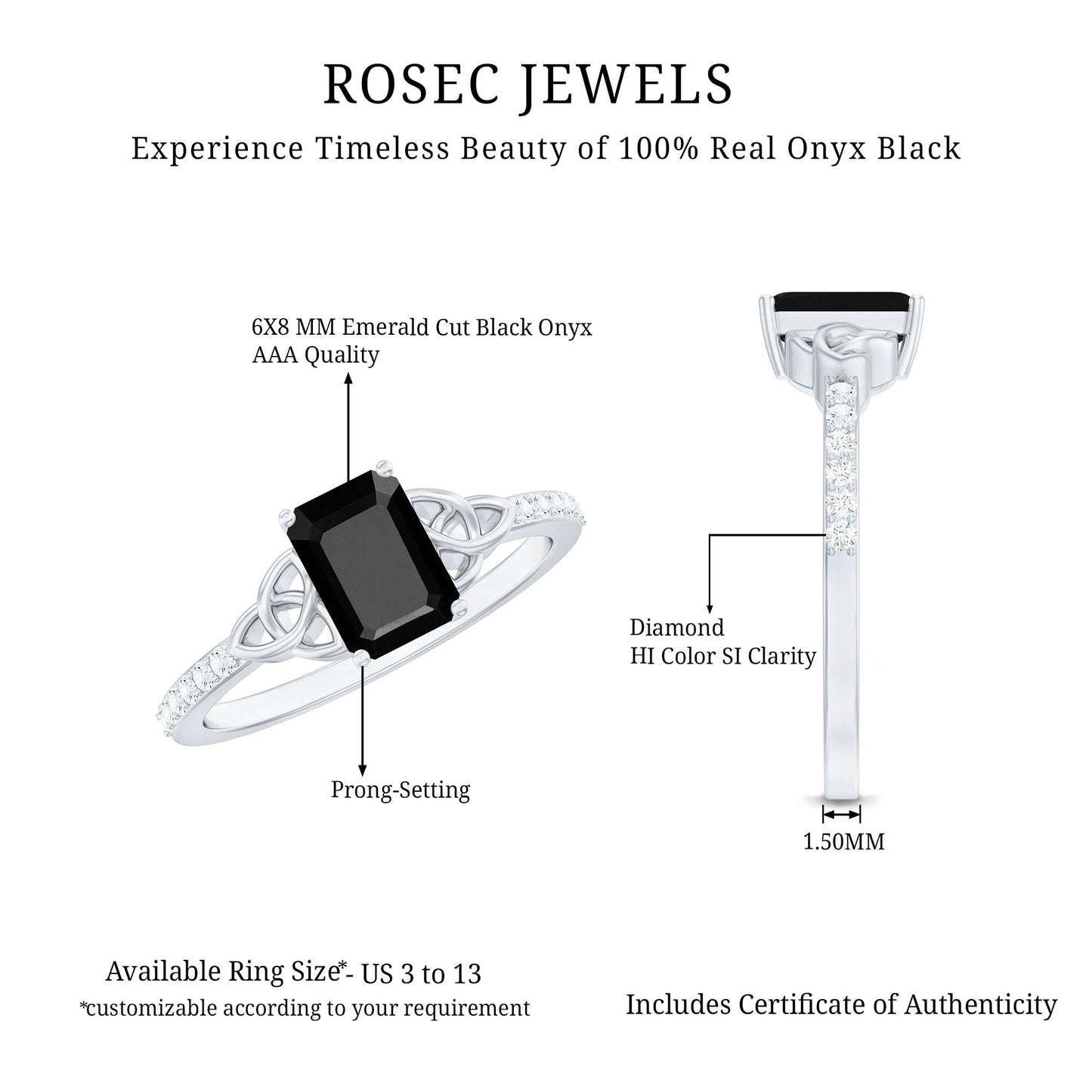 1.8 Carat Emerald Cut Black Onyx Celtic Engagement Ring with Diamond