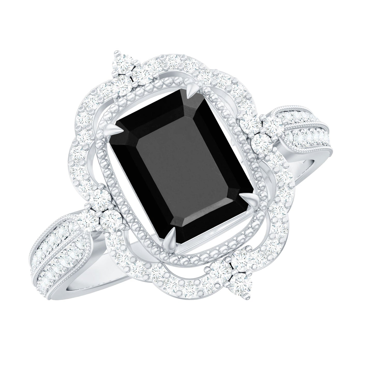 1.68 Carat Emerald Cut Lab Grown Black Diamond Retro Engagement Ring with White Diamond