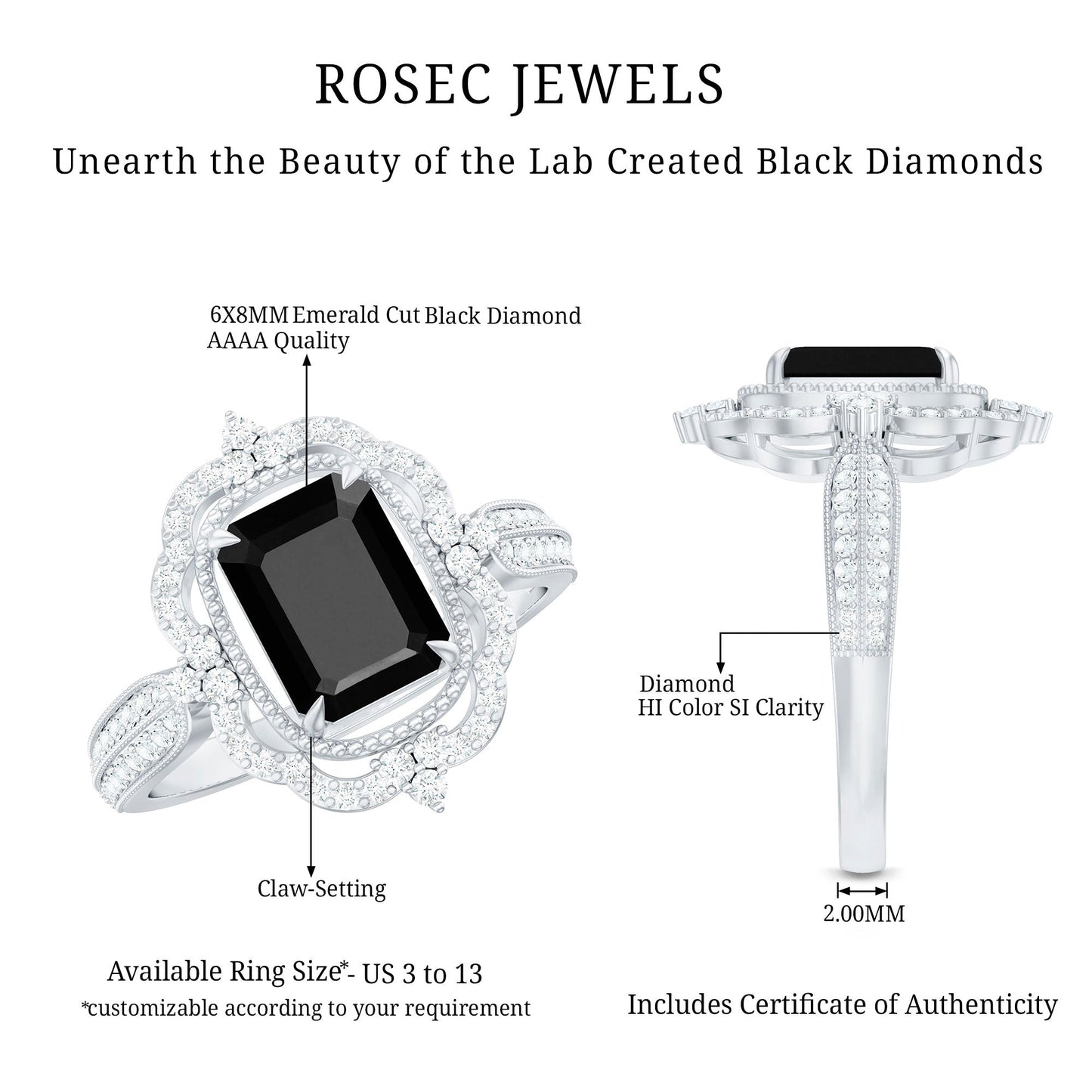 1.68 Carat Emerald Cut Lab Grown Black Diamond Retro Engagement Ring with White Diamond