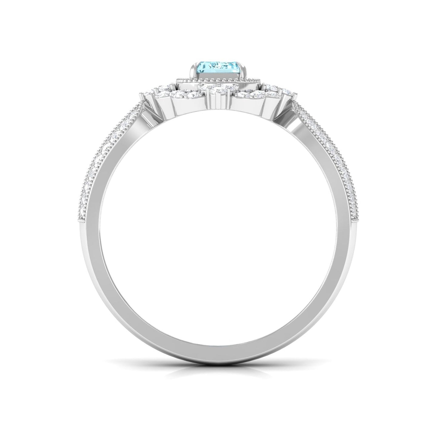 Real Emerald Cut Aquamarine Vintage Looking Engagement Ring with Diamond