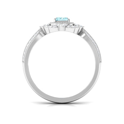 Real Emerald Cut Aquamarine Vintage Looking Engagement Ring with Diamond