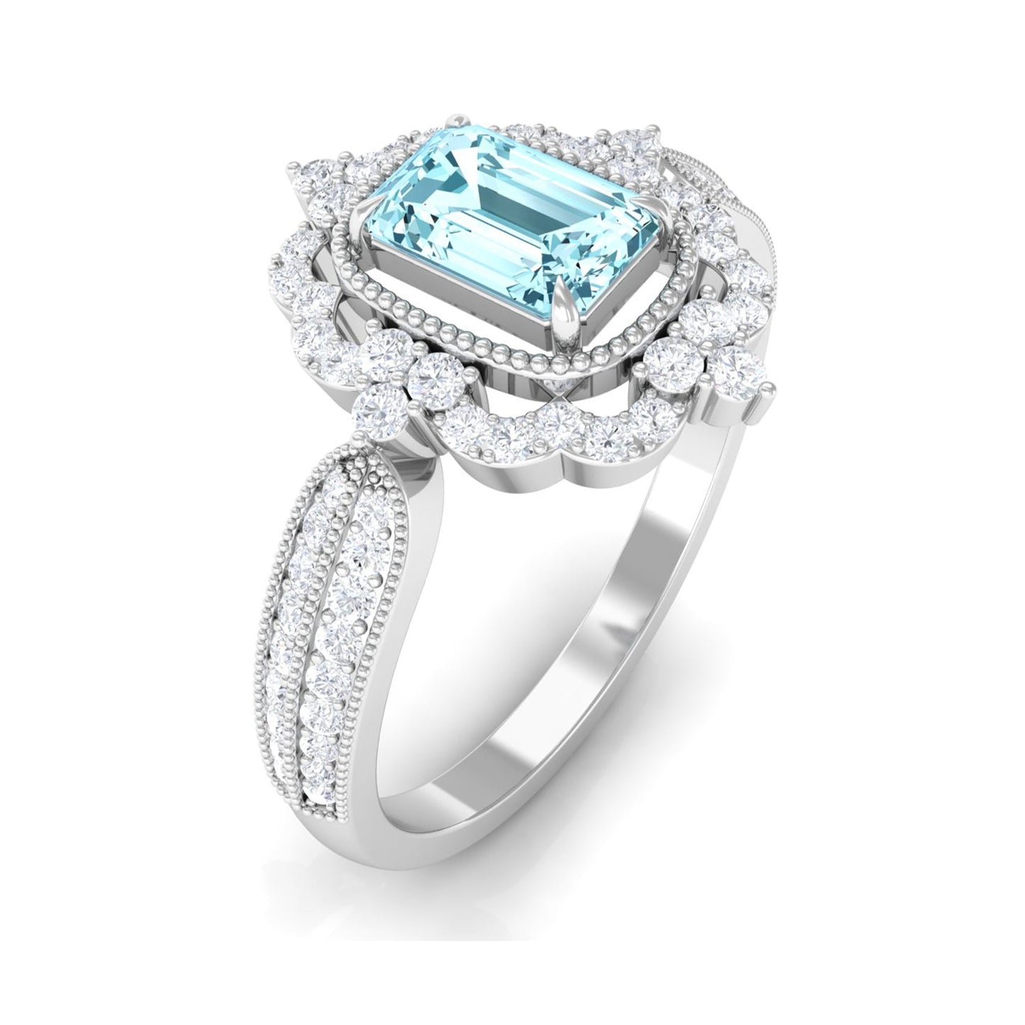 Real Emerald Cut Aquamarine Vintage Looking Engagement Ring with Diamond