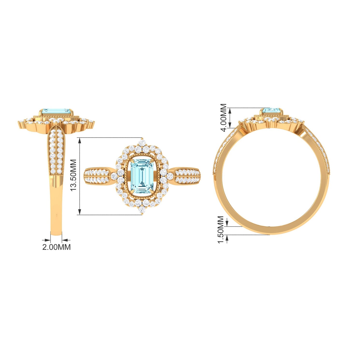 Real Emerald Cut Aquamarine Vintage Looking Engagement Ring with Diamond