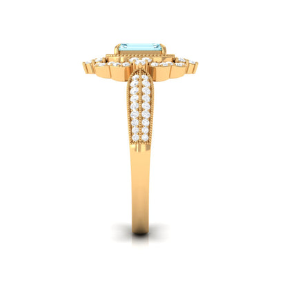 Real Emerald Cut Aquamarine Vintage Looking Engagement Ring with Diamond