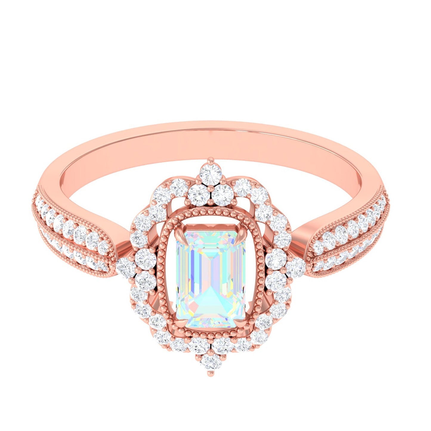 Real 2 Carat Emerald Cut Opalescent Antique Looking Engagement Ring with Diamond Halo
