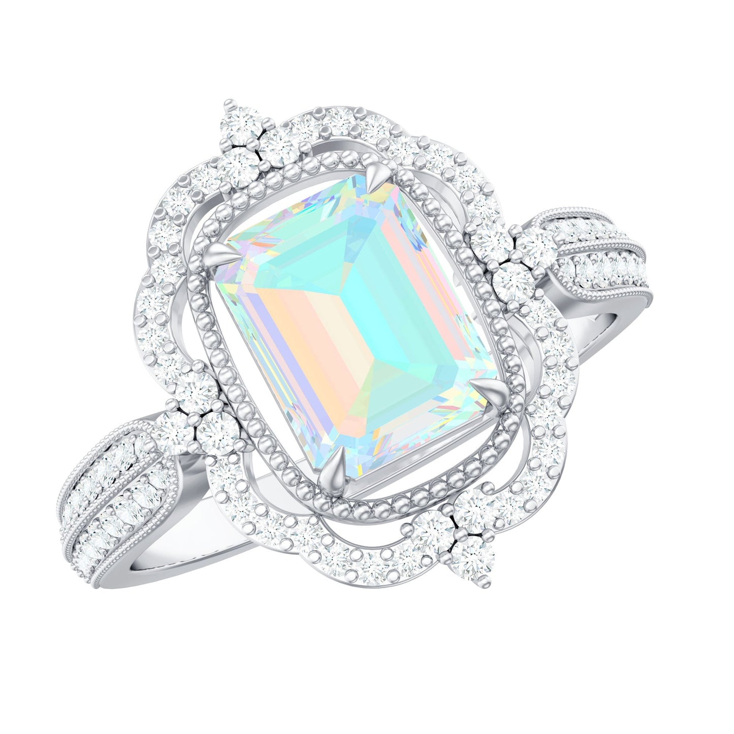 Real 2 Carat Emerald Cut Opalescent Antique Looking Engagement Ring with Diamond Halo