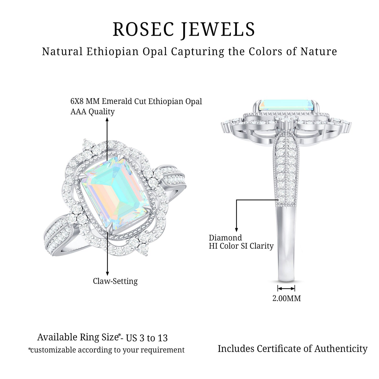 Real 2 Carat Emerald Cut Opalescent Antique Looking Engagement Ring with Diamond Halo