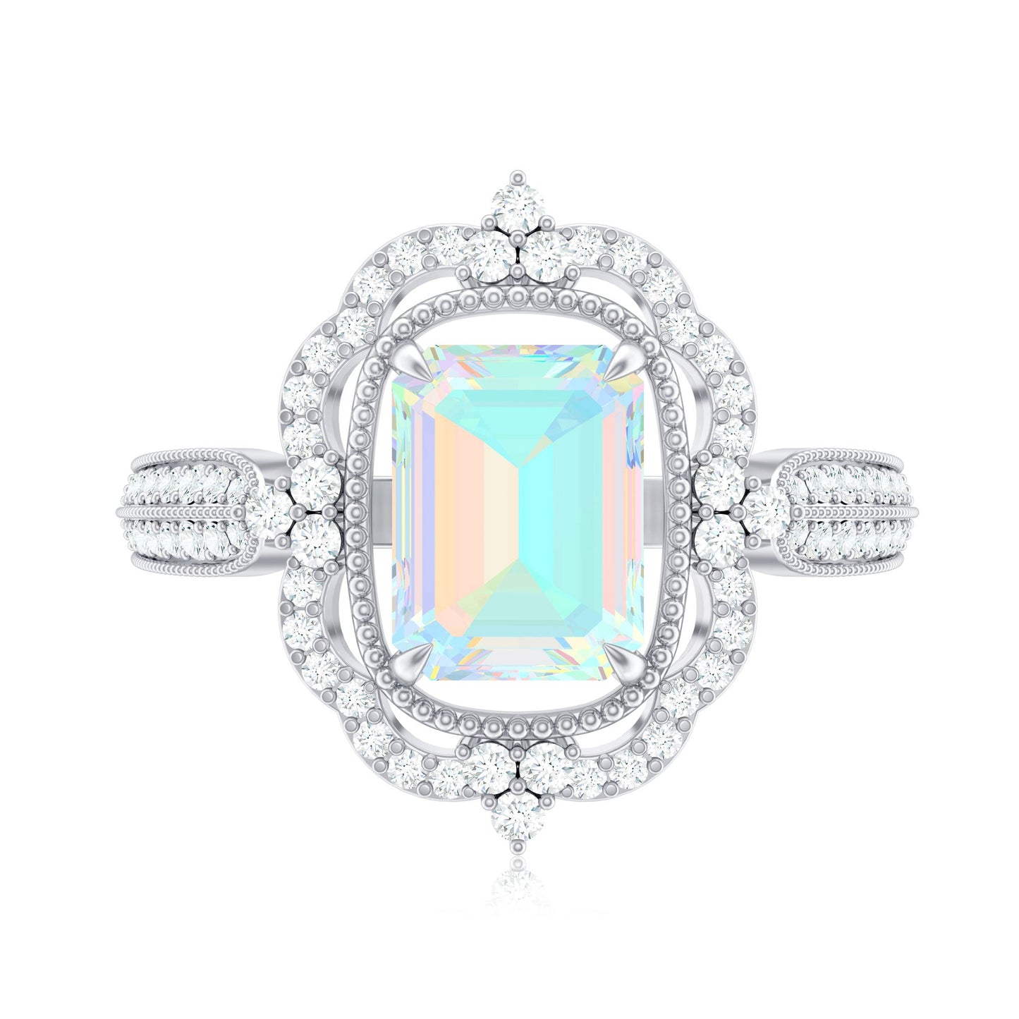 Real 2 Carat Emerald Cut Opalescent Antique Looking Engagement Ring with Diamond Halo
