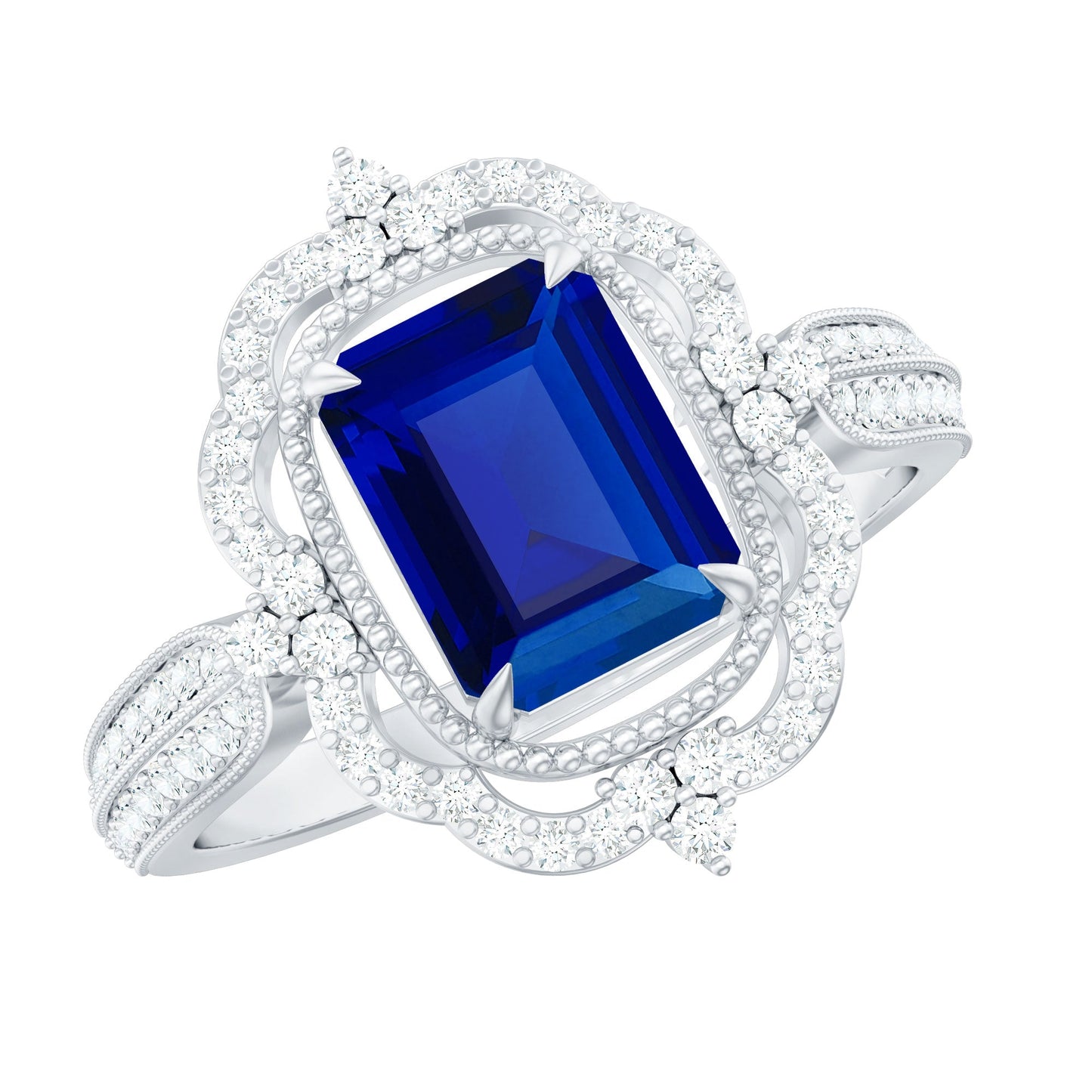 Certified 1.75 Carat Emerald Cut Lab Grown Blue Sapphire Retro Engagement Ring with Diamond