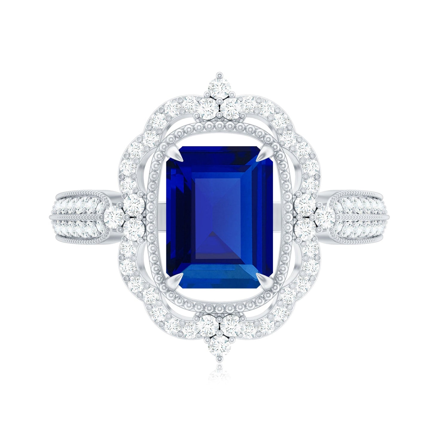 Certified 1.75 Carat Emerald Cut Lab Grown Blue Sapphire Retro Engagement Ring with Diamond