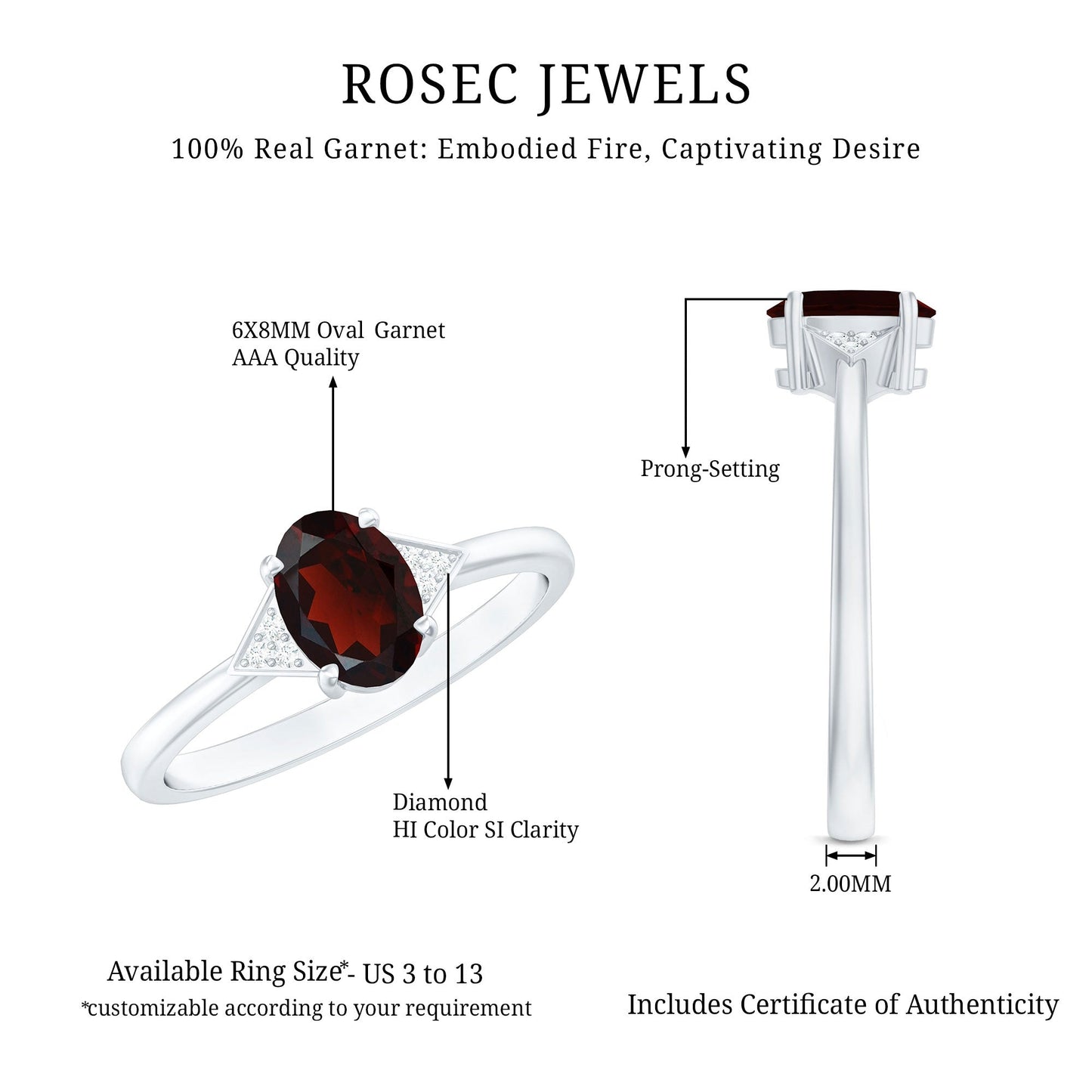 Natural Garnet Oval Shaped Engagement Ring with Diamond Trio