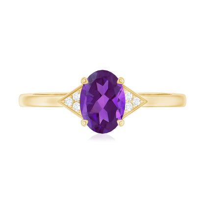 Natural 1 Carat Amethyst Oval Engagement Ring with Diamond Trio