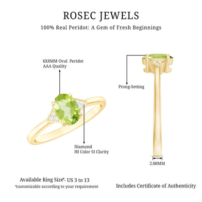 Natural Solitaire 1 Carat Peridot Oval Engagement Ring with Diamond