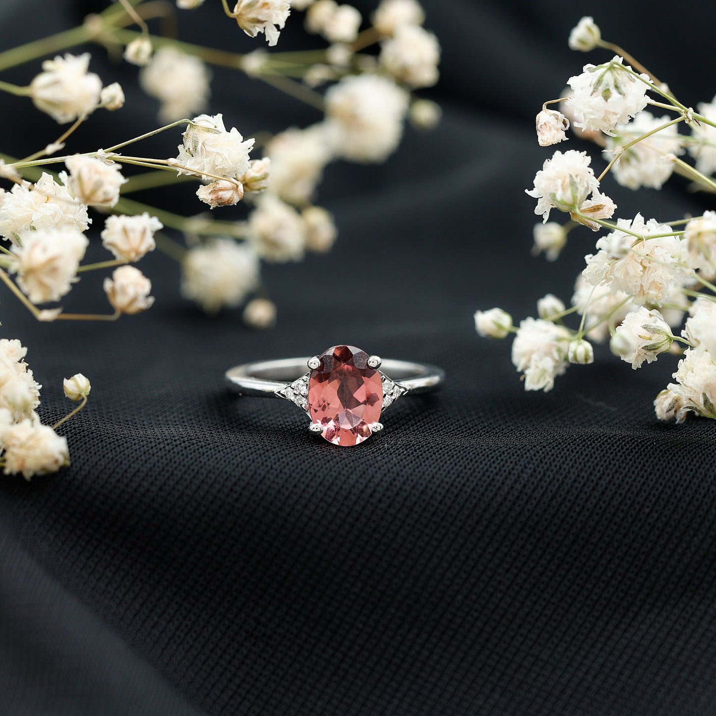 1 Carat Pink Tourmaline Oval Engagement Ring with Diamond