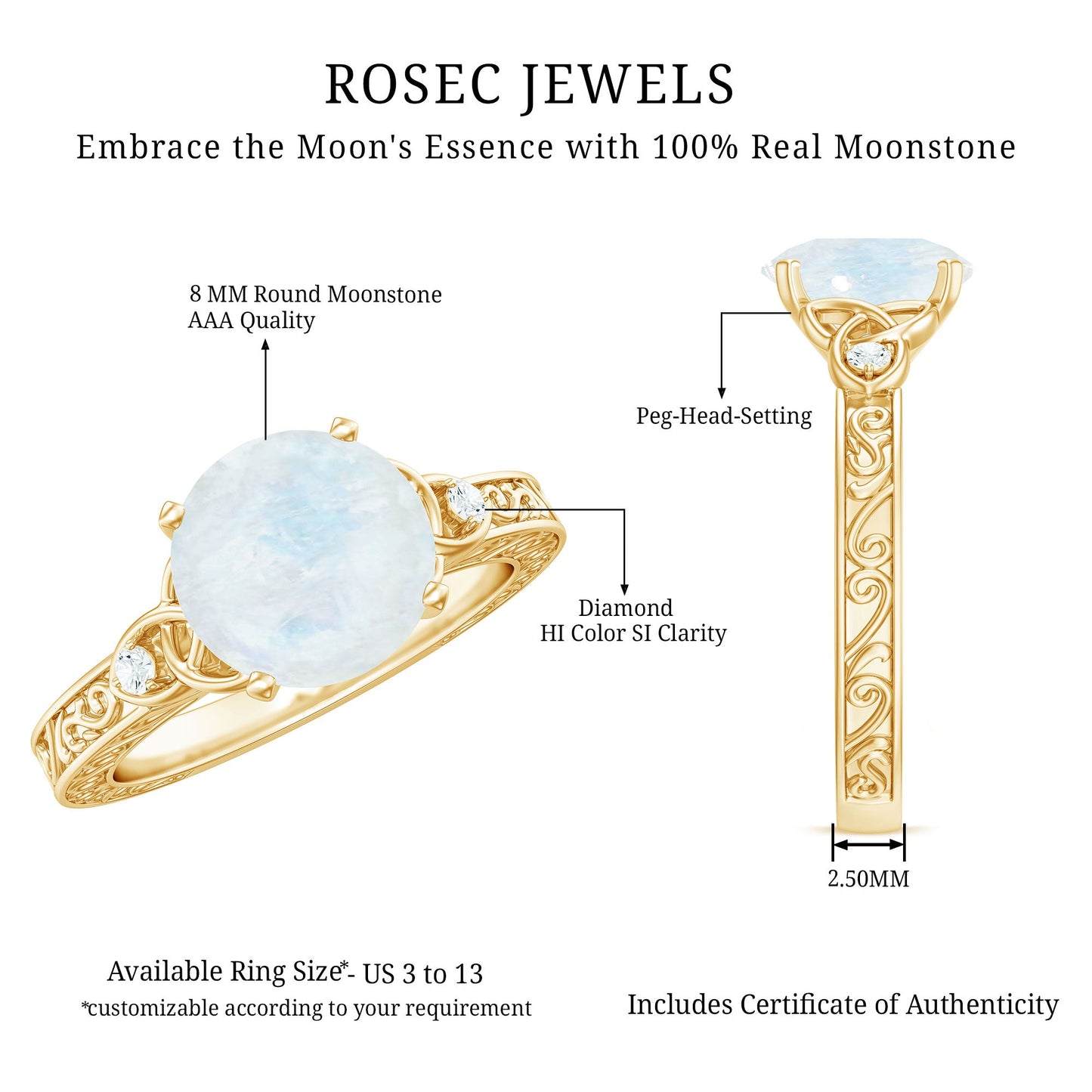 0.8 Carat Solitaire Moonstone Celtic Knot Ring with Diamond