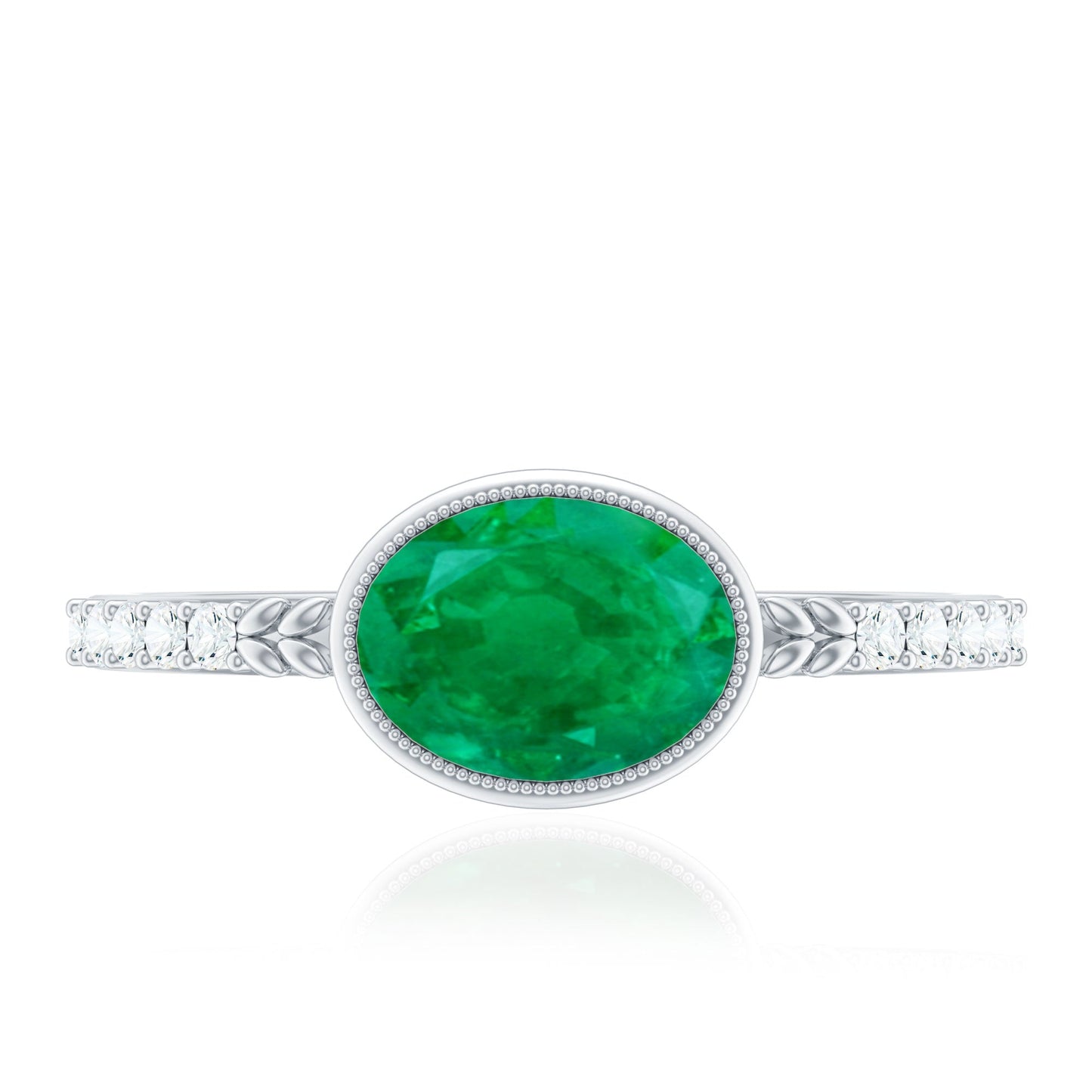 Natural Oval Shape Emerald East West Engagement Ring with Diamond