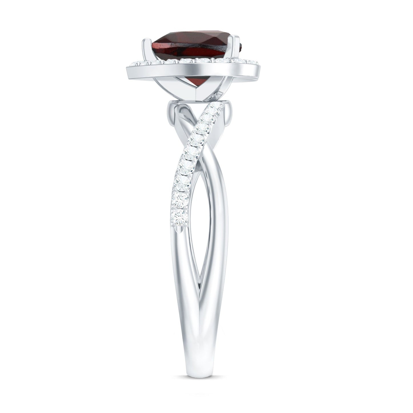 Natural Garnet Diamond Heart Engagement Ring with Crossover Shank