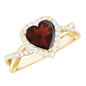 Natural Garnet Diamond Heart Engagement Ring with Crossover Shank