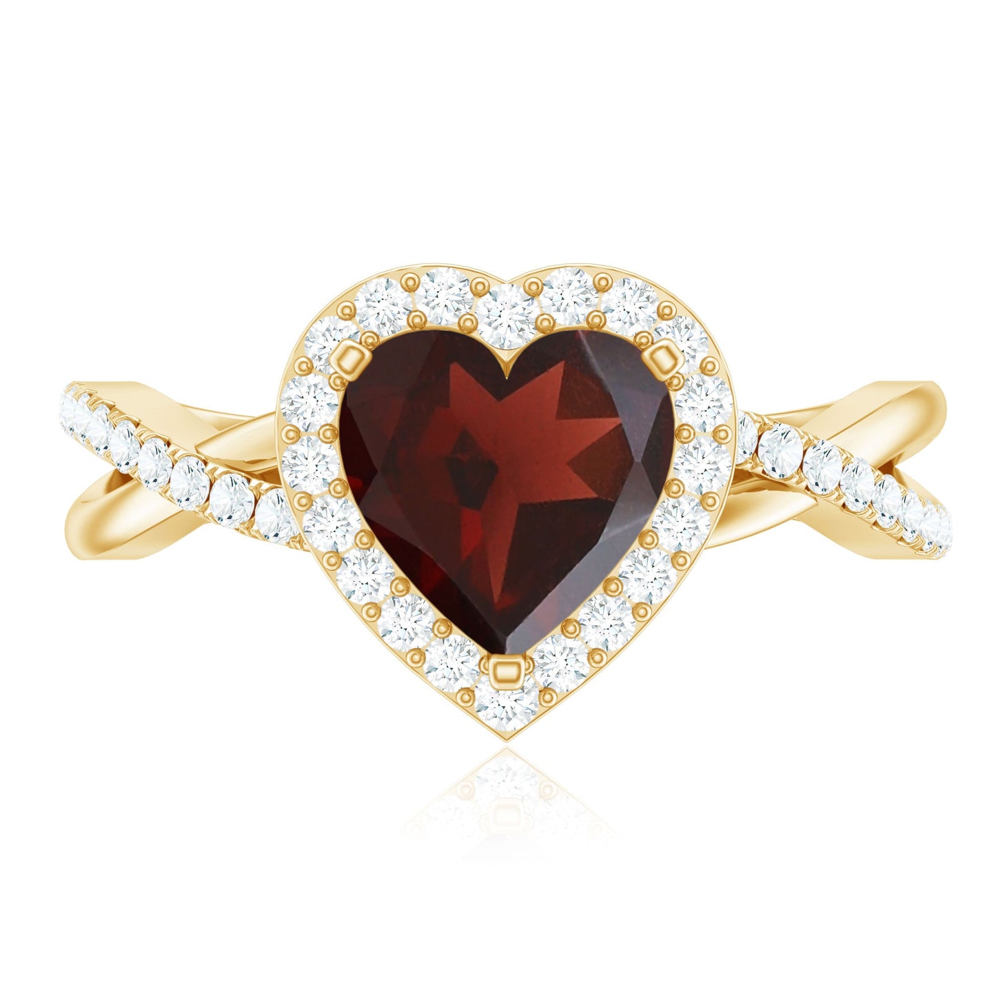 Natural Garnet Diamond Heart Engagement Ring with Crossover Shank