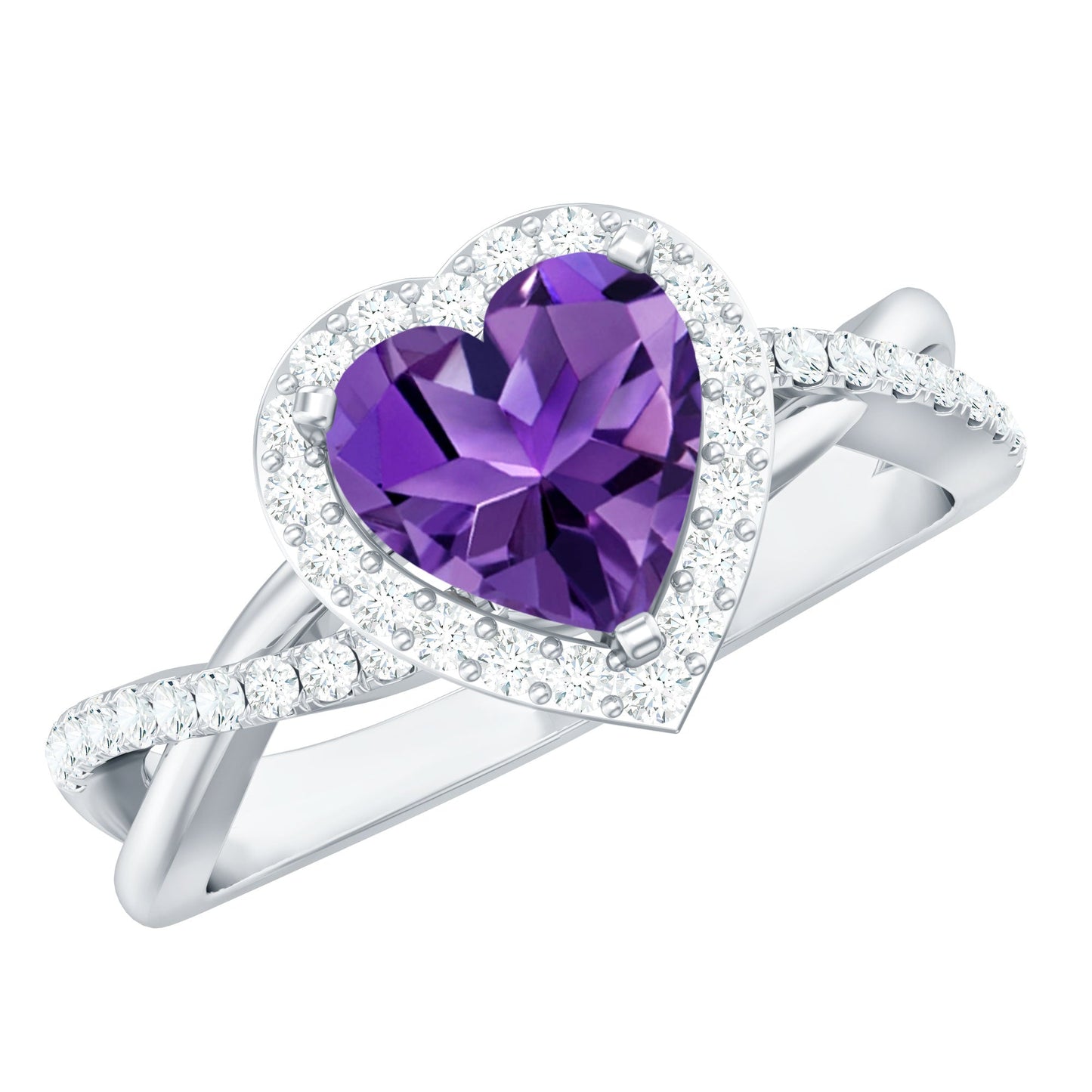 2 Carat Heart Shape Amethyst Crossover Engagement Ring with Diamond
