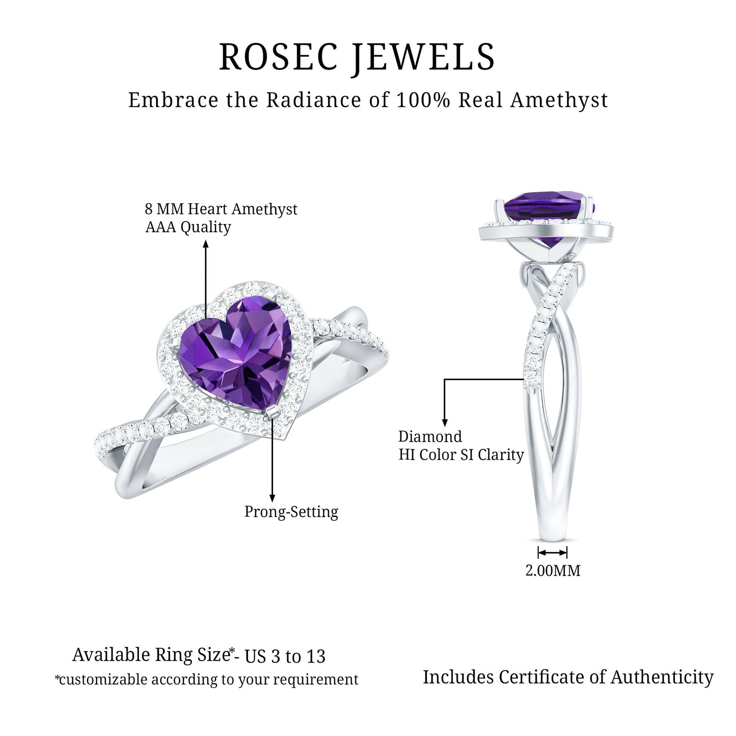 2 Carat Heart Shape Amethyst Crossover Engagement Ring with Diamond