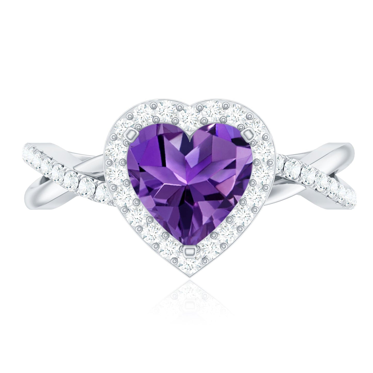 2 Carat Heart Shape Amethyst Crossover Engagement Ring with Diamond