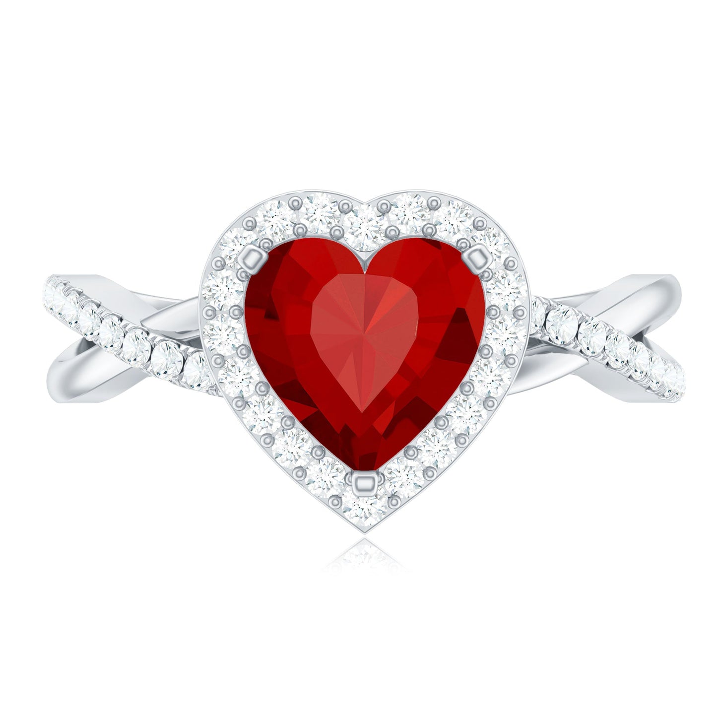 Heart Shaped Lab Created Ruby Crossover Engagement Ring with Natural Diamonds