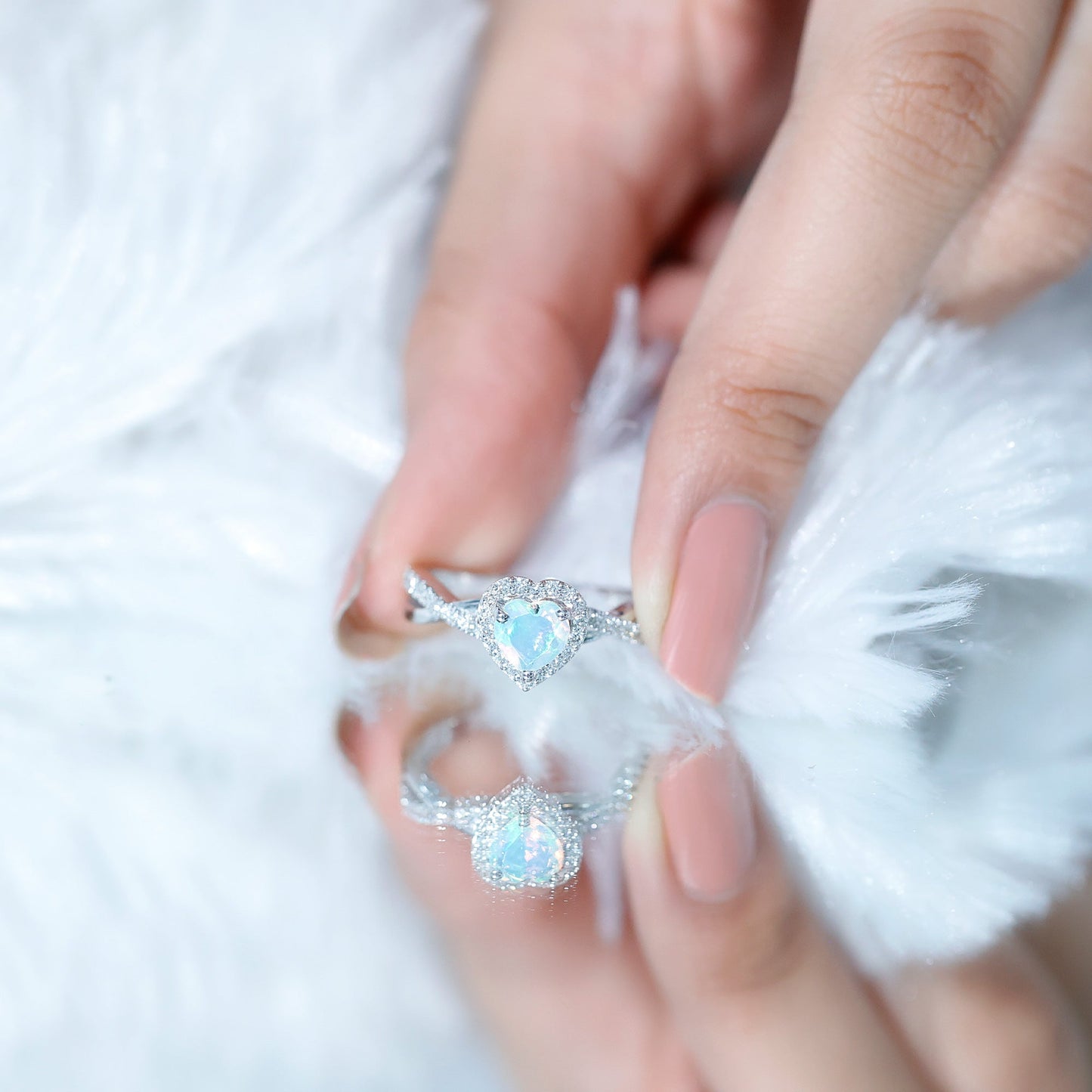 Natural Ethiopian Opal Heart Engagement Ring with Diamond Crossover Shank