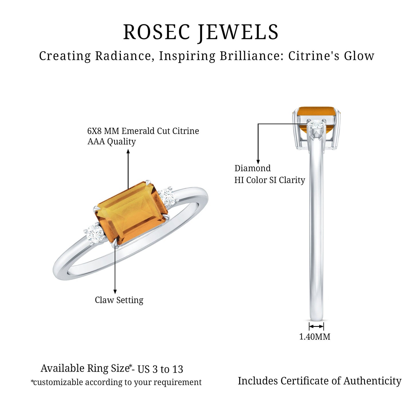 Natural Emerald Cut Citrine East West Engagement Ring with Diamond