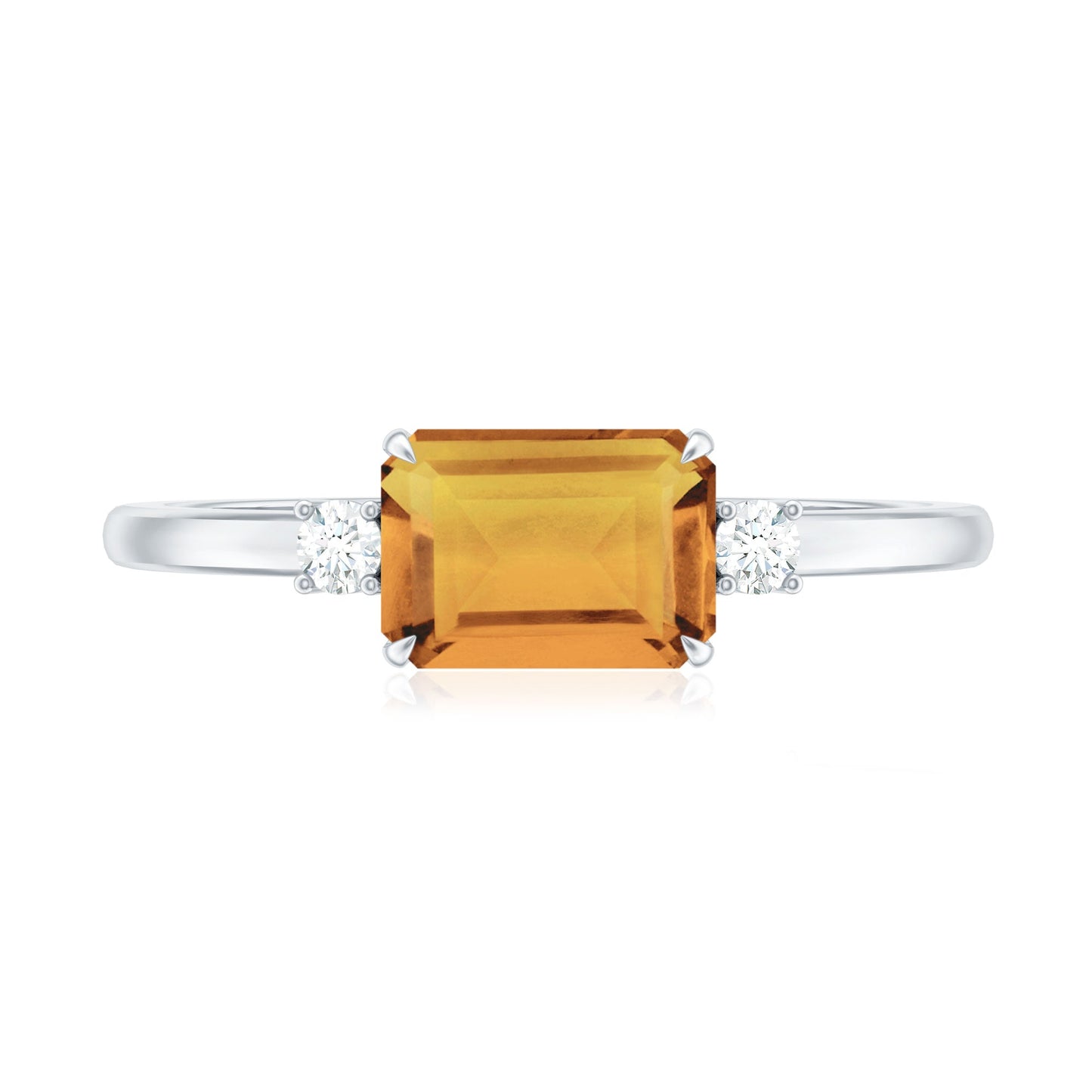 Natural Emerald Cut Citrine East West Engagement Ring with Diamond