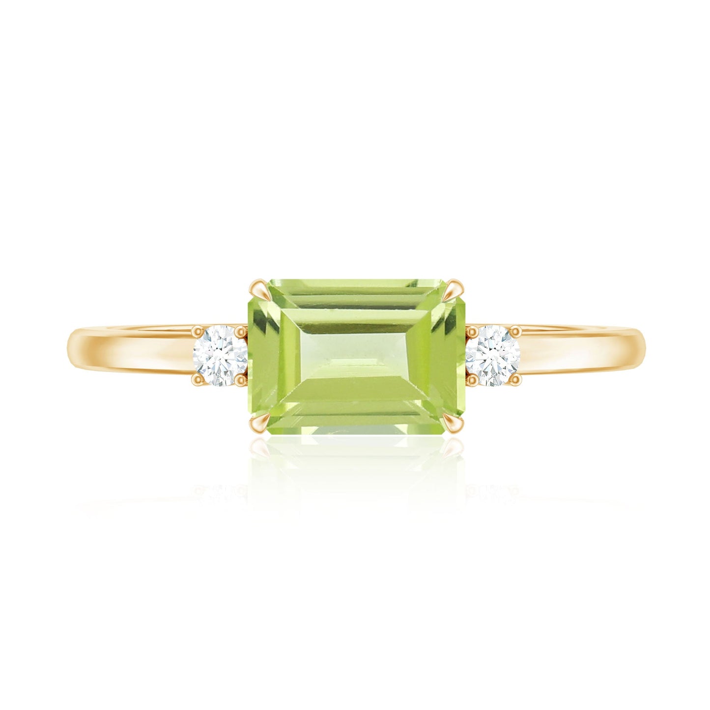 Real 1.8 Carat Peridot Emerald Cut Engagement Ring with Diamond in East West Style