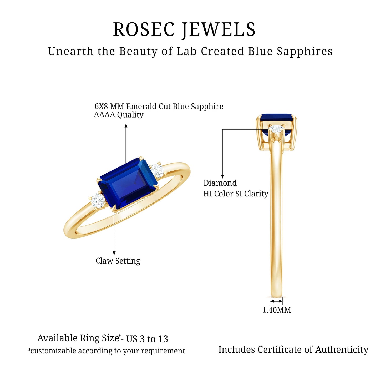 Octagon Cut Created Blue Sapphire East West Engagement Ring with Diamond