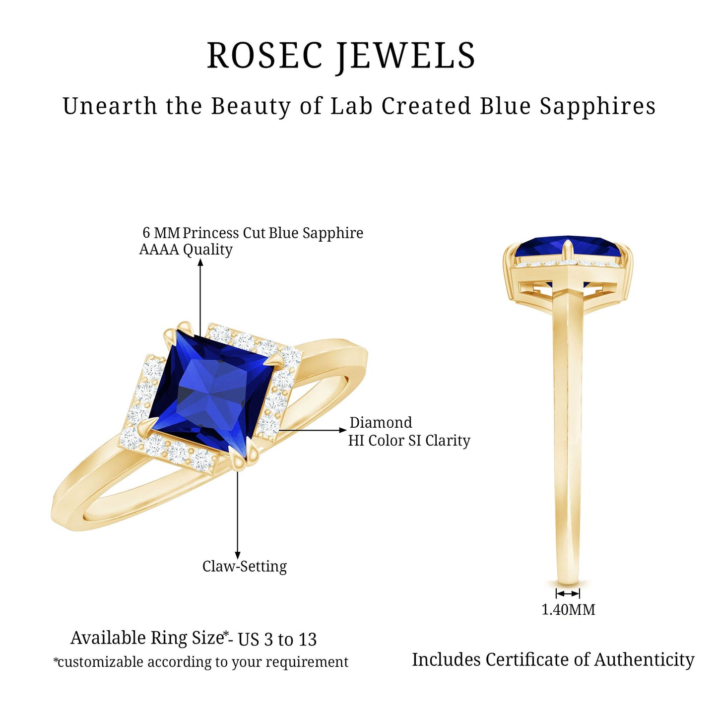 Certified 1.5 Carat Princess Cut Lab Grown Blue Sapphire Diamond Engagement Ring