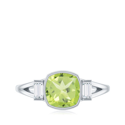 Natural 2 Carat Peridot Cushion Cut Engagement Ring with Diamond