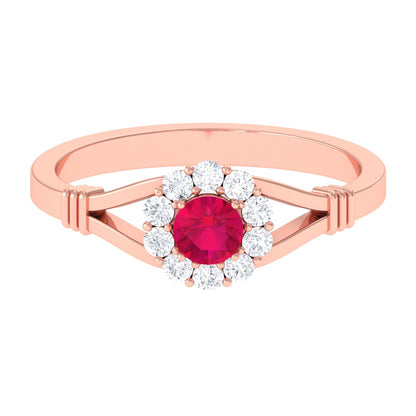 Minimal Ruby Diamond Halo Engagement Ring with Split Shank