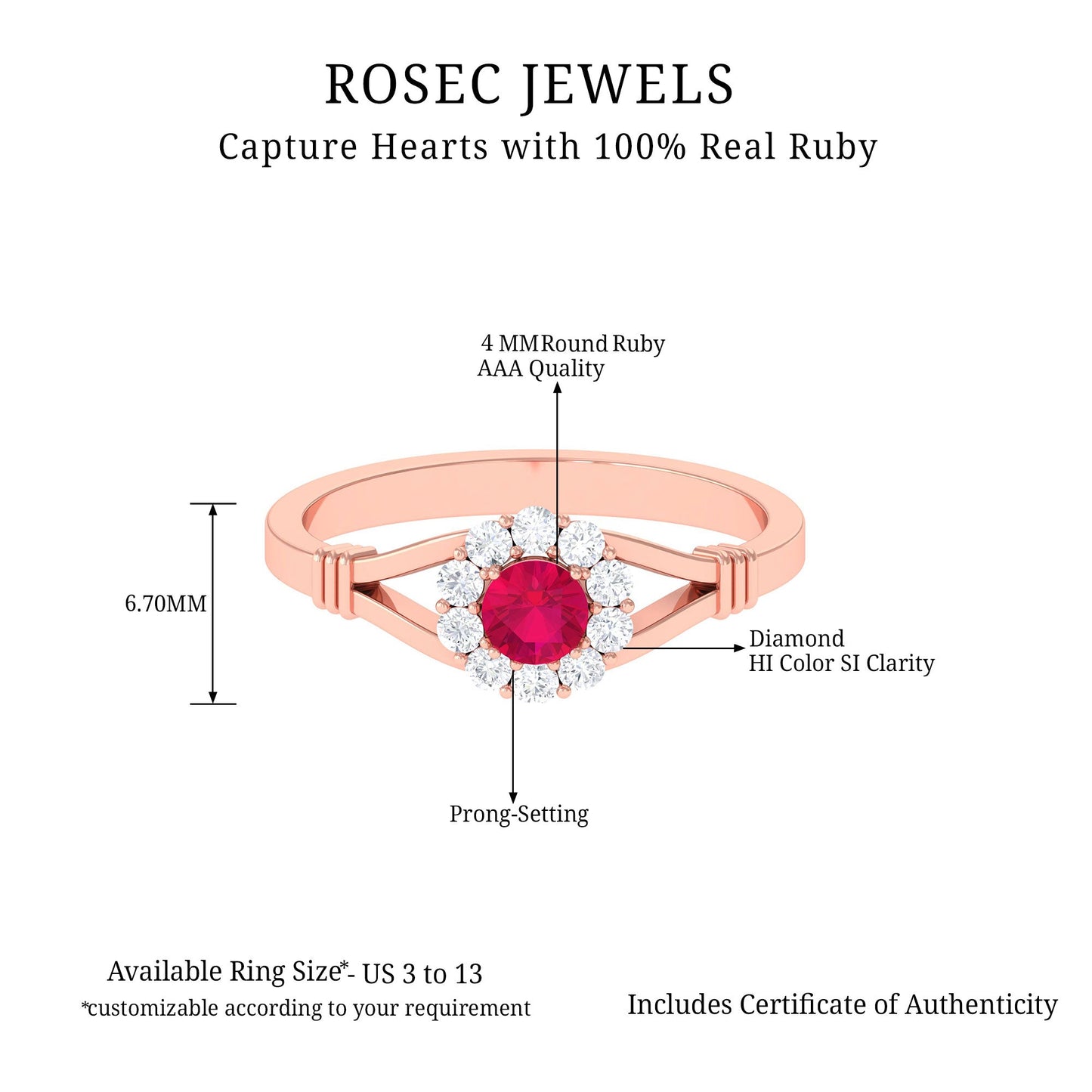 Minimal Ruby Diamond Halo Engagement Ring with Split Shank