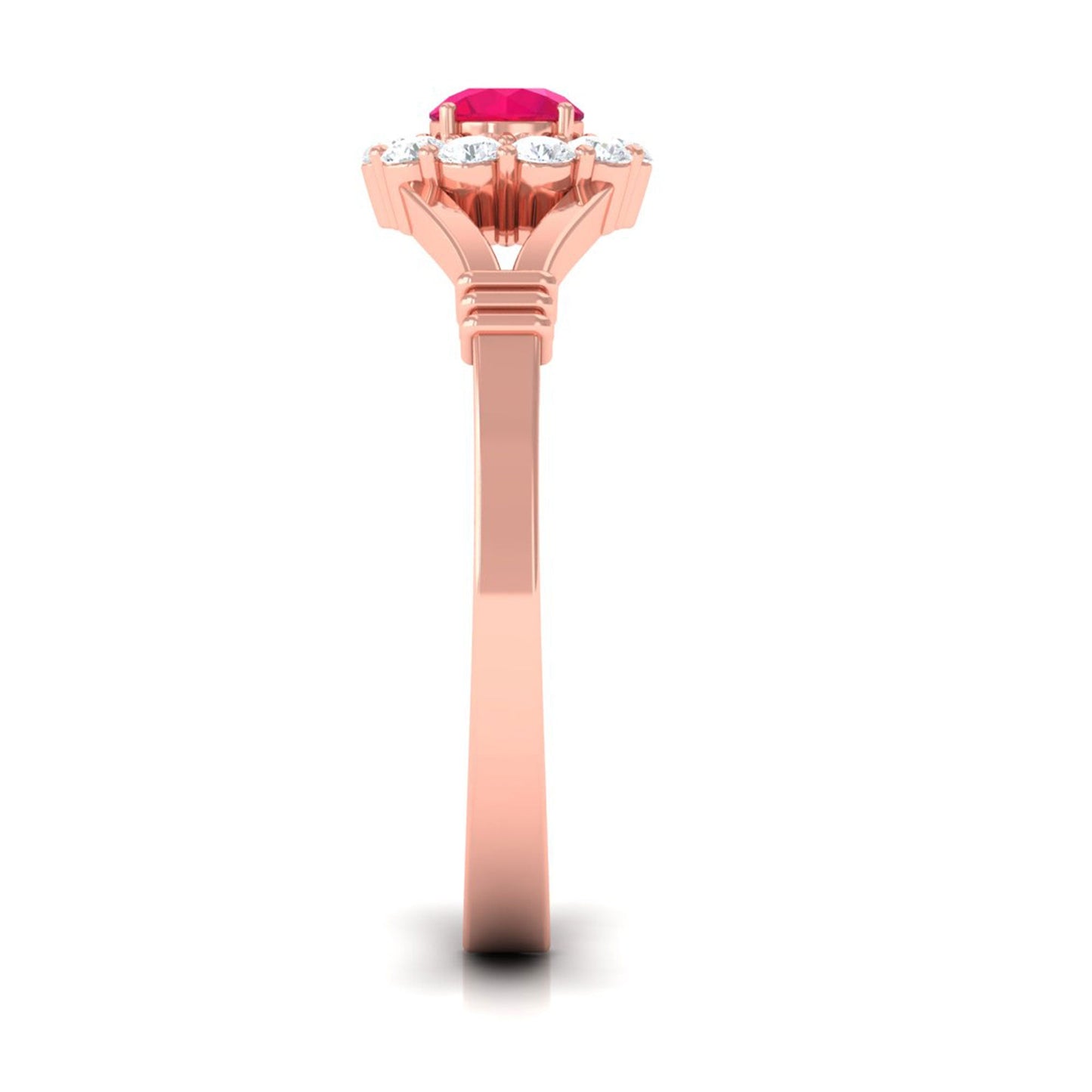 Minimal Ruby Diamond Halo Engagement Ring with Split Shank