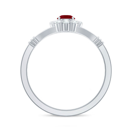 Minimal Ruby Diamond Halo Engagement Ring with Split Shank