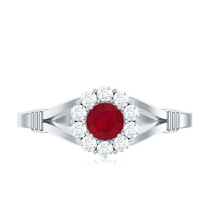 Minimal Ruby Diamond Halo Engagement Ring with Split Shank