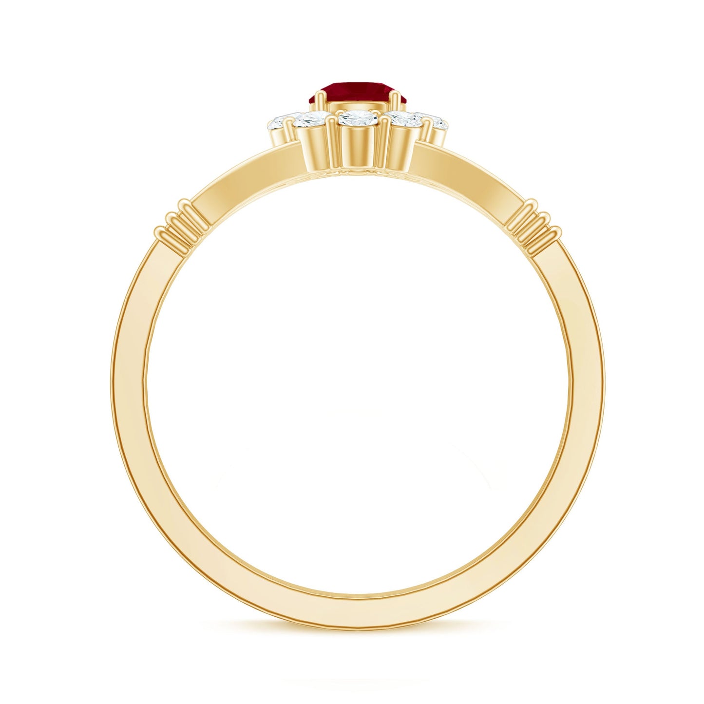 Minimal Ruby Diamond Halo Engagement Ring with Split Shank
