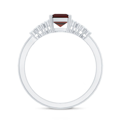 Natural Red Garnet Emerald Cut Engagement Ring with Diamond