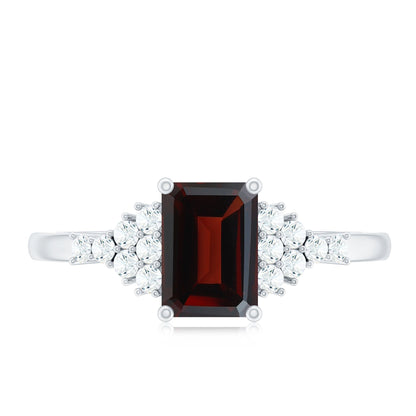 Natural Red Garnet Emerald Cut Engagement Ring with Diamond