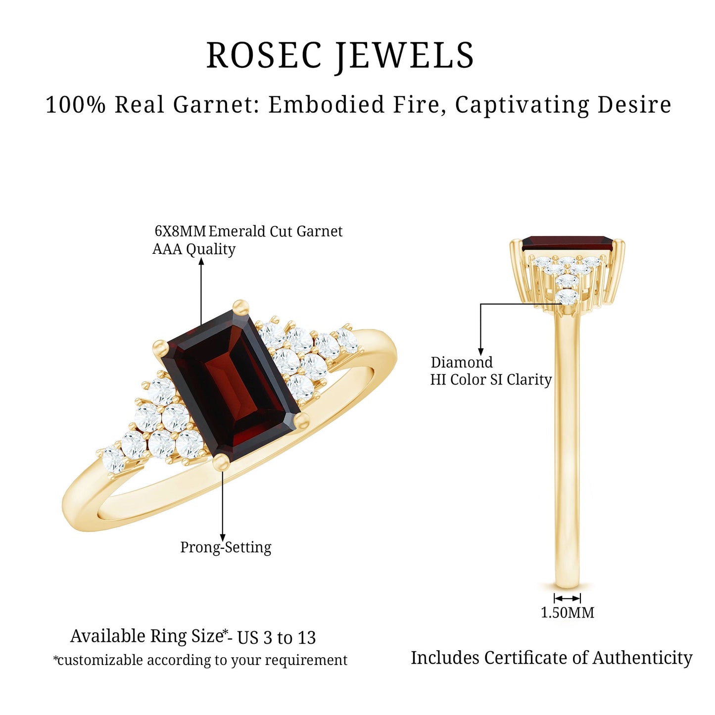Natural Red Garnet Emerald Cut Engagement Ring with Diamond